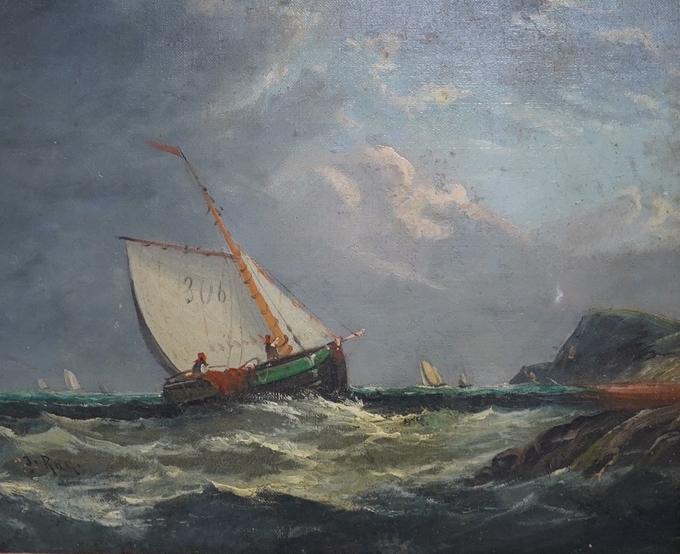 J Ray, oil on board, Sailing ships on a choppy sea, signed, 36 x 46cm. Condition - fair